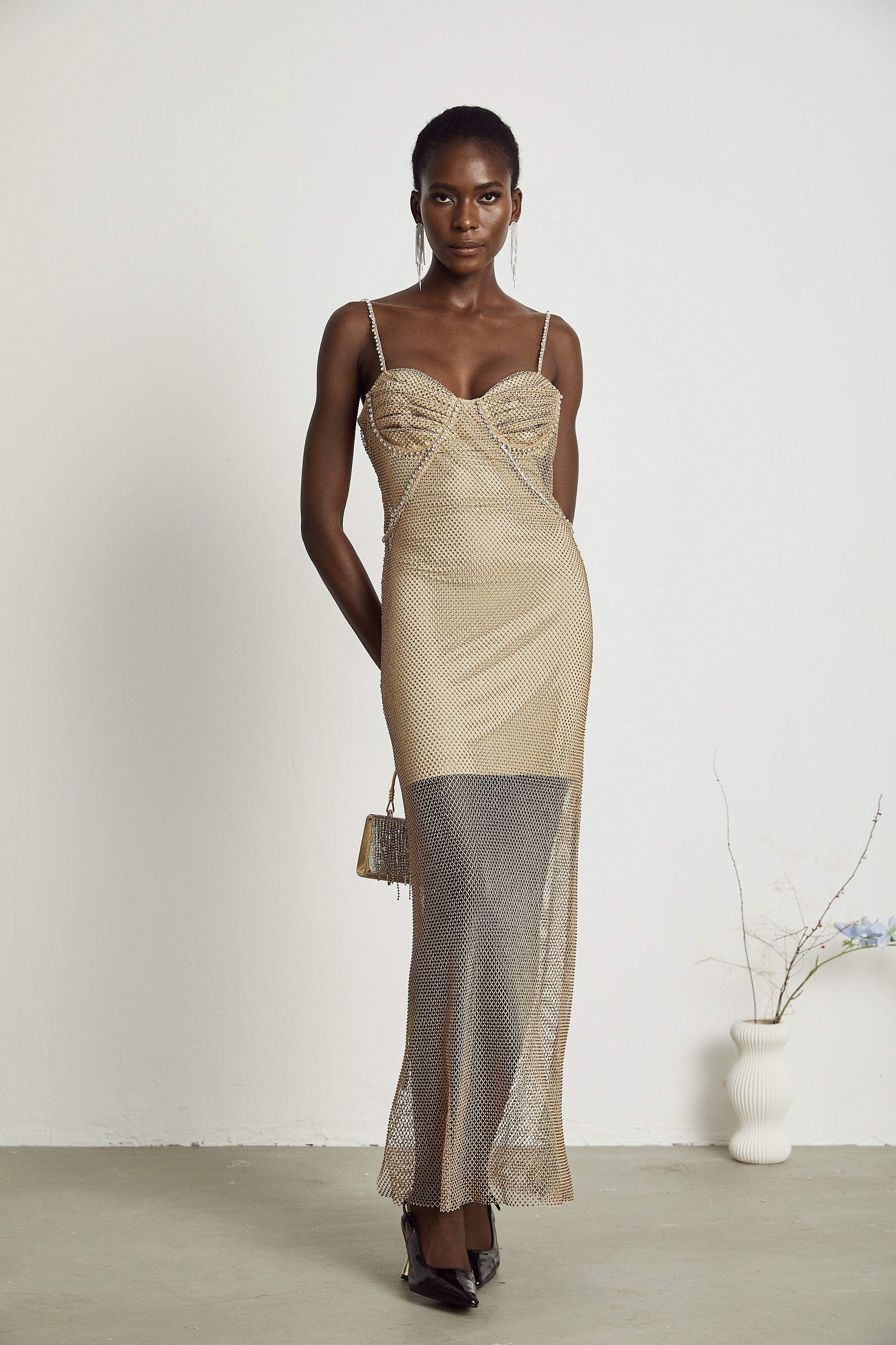 Delphine crystal-embellished gold midi dress