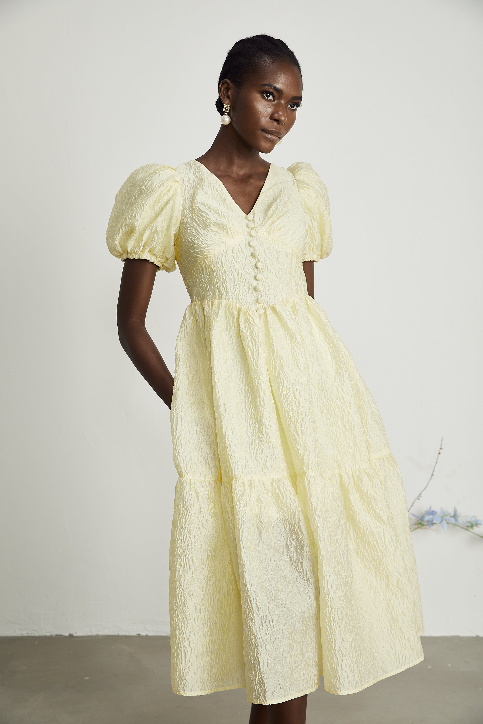 Elizabeth yellow jacquard midi dress