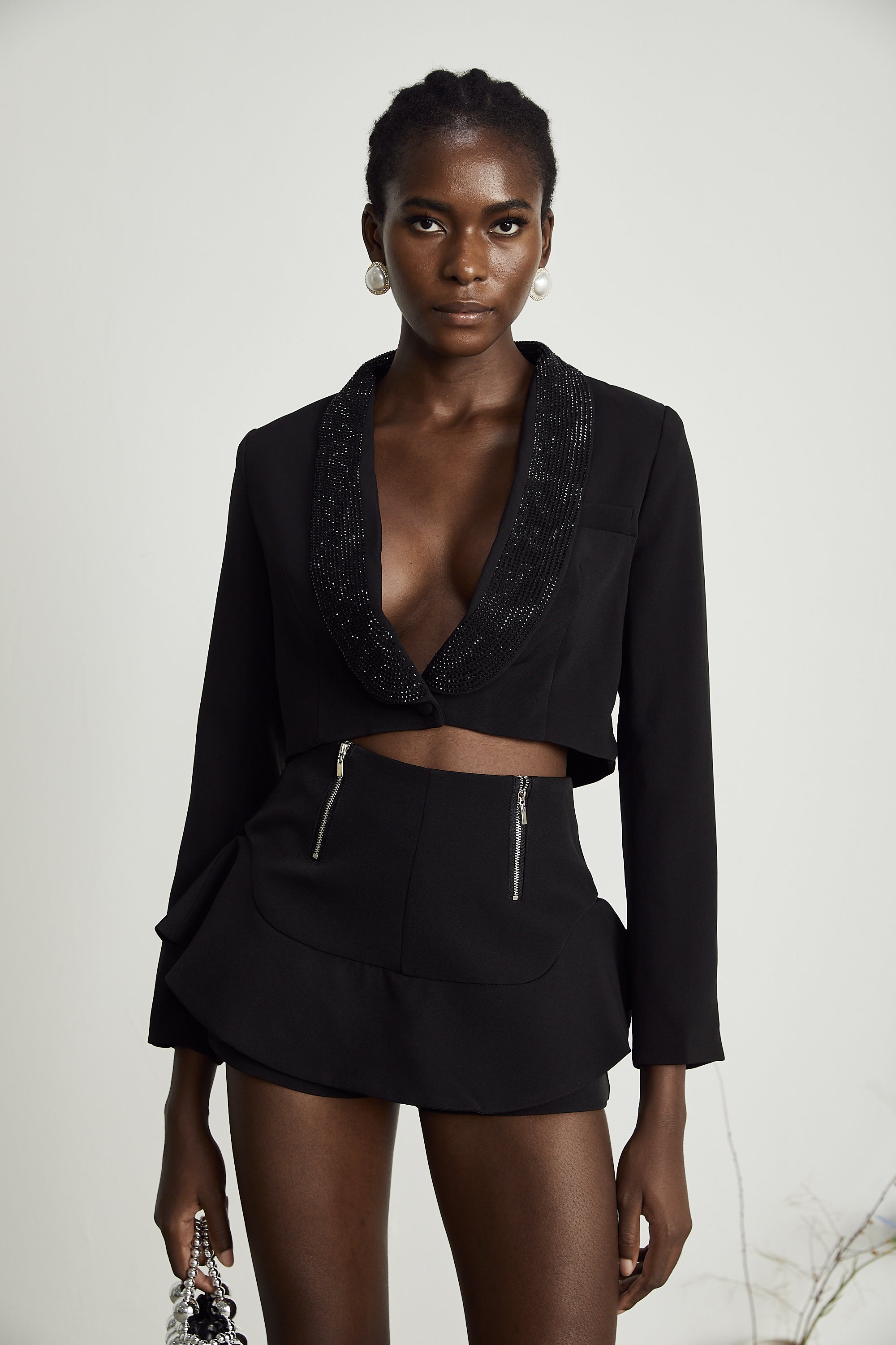 Aimée crystal-embellished blazer & shorts matching set