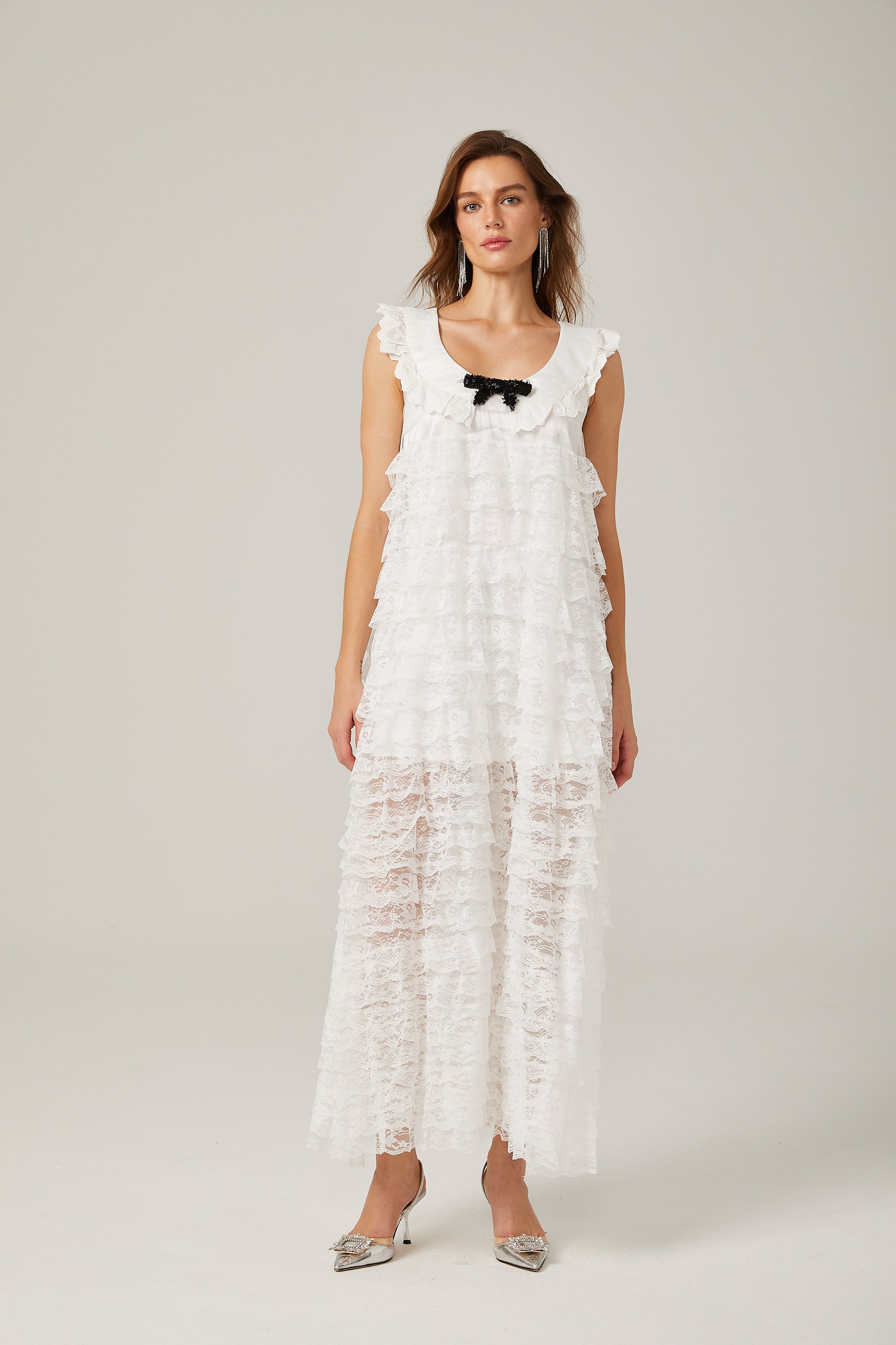 Alora lace-trim tiered midi dress