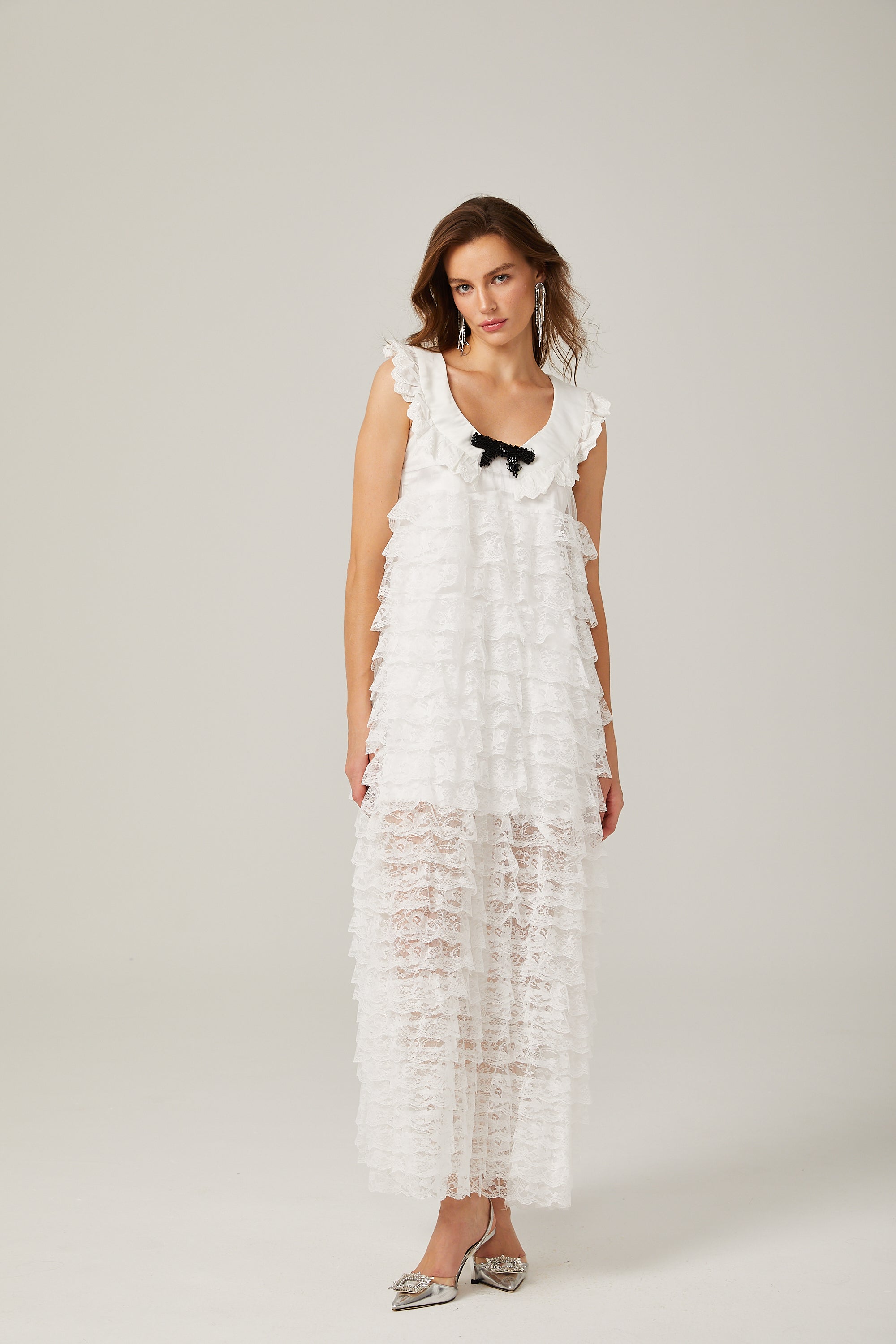 Alora lace-trim tiered midi dress