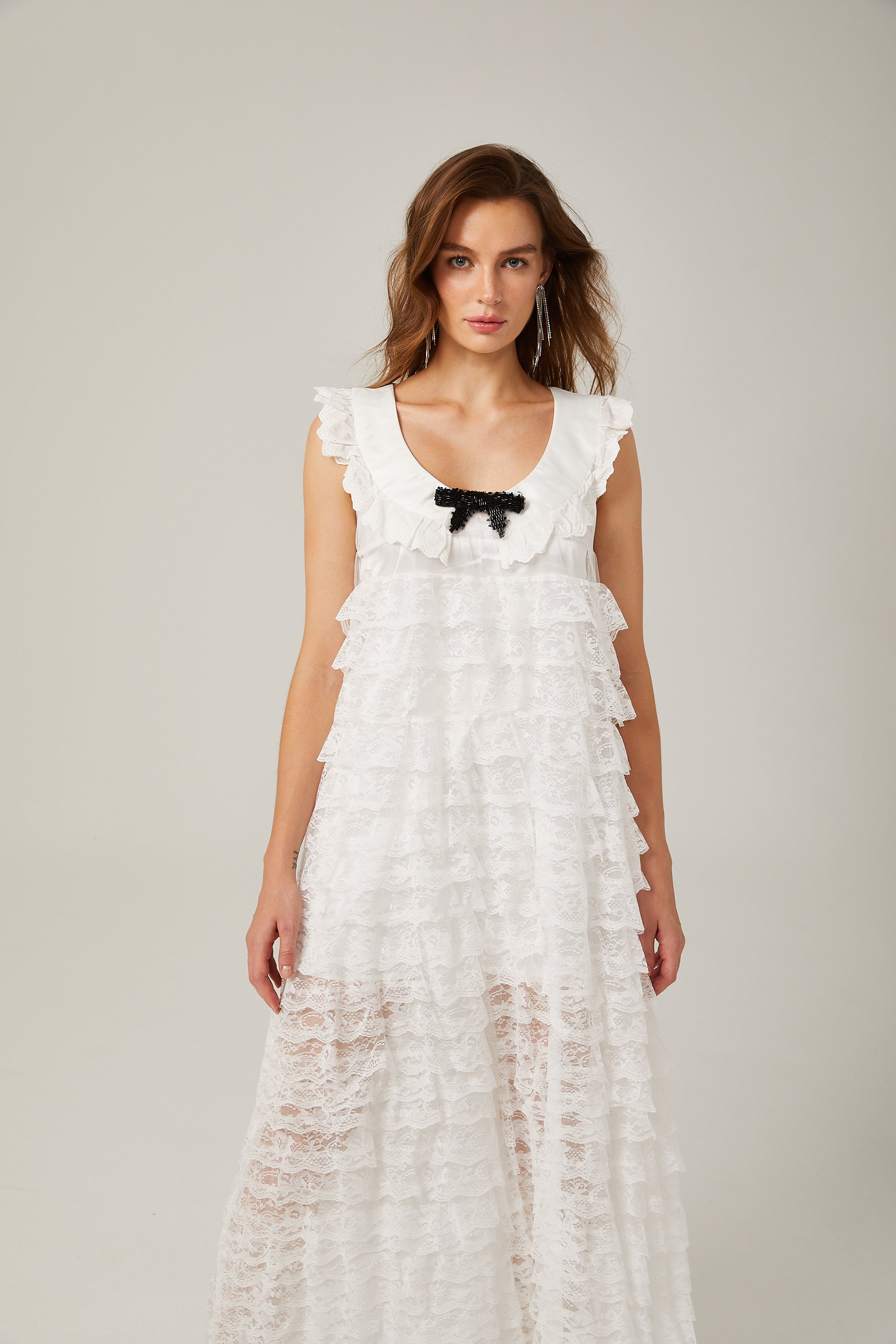 Alora lace-trim tiered midi dress