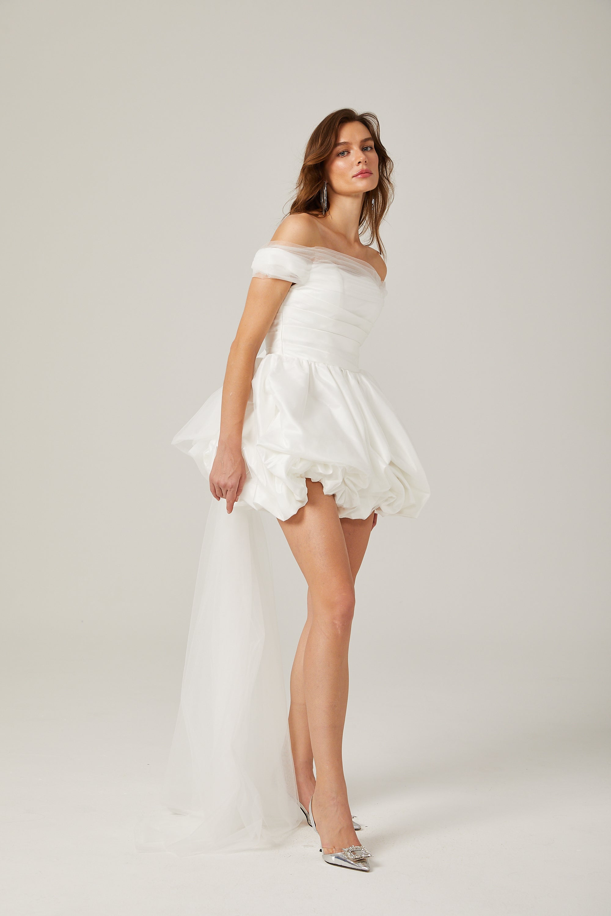 Aurore off-shoulder satin-chiffon mini dress