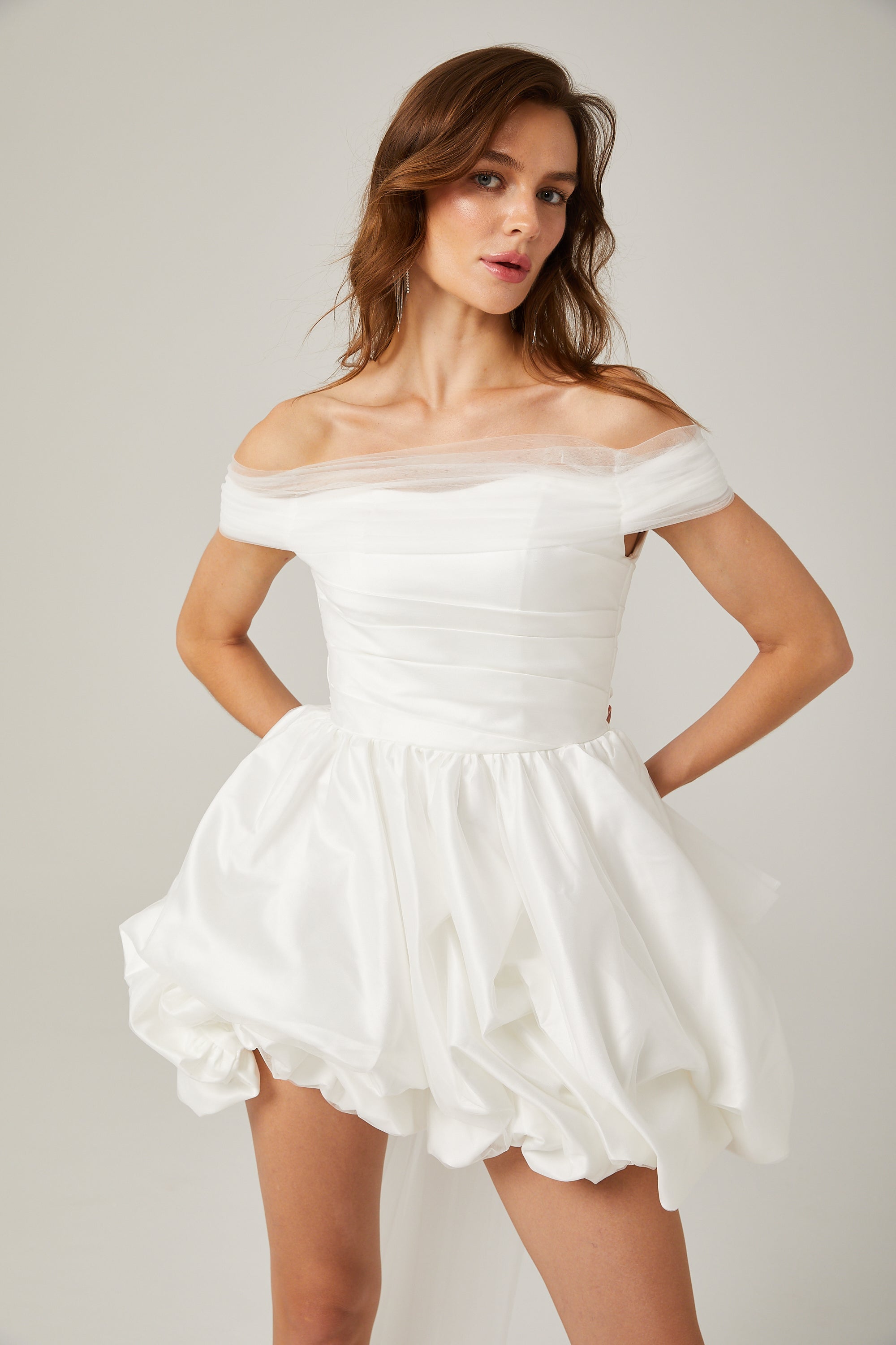 Aurore off-shoulder satin-chiffon mini dress