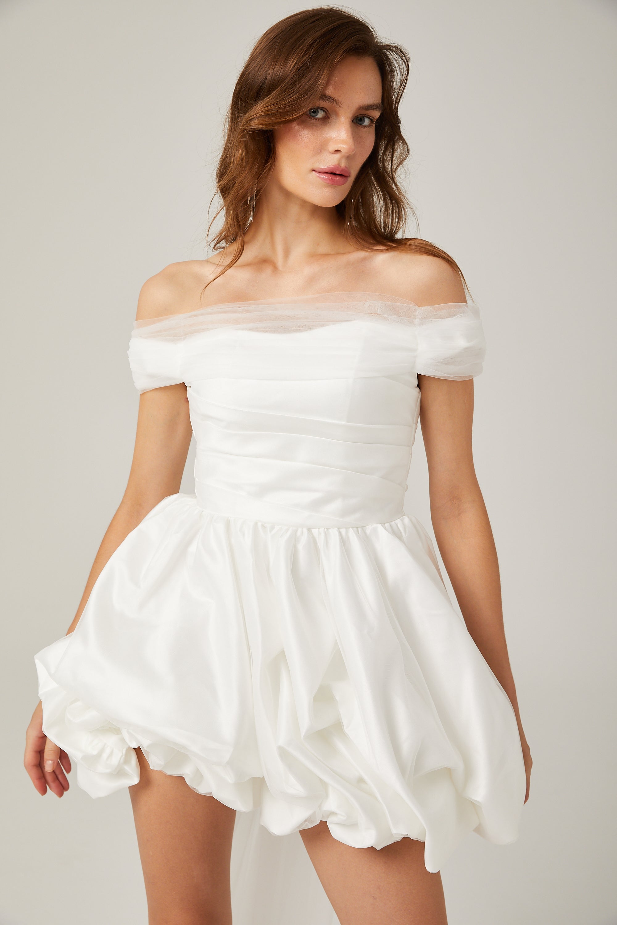 Aurore off-shoulder satin-chiffon mini dress