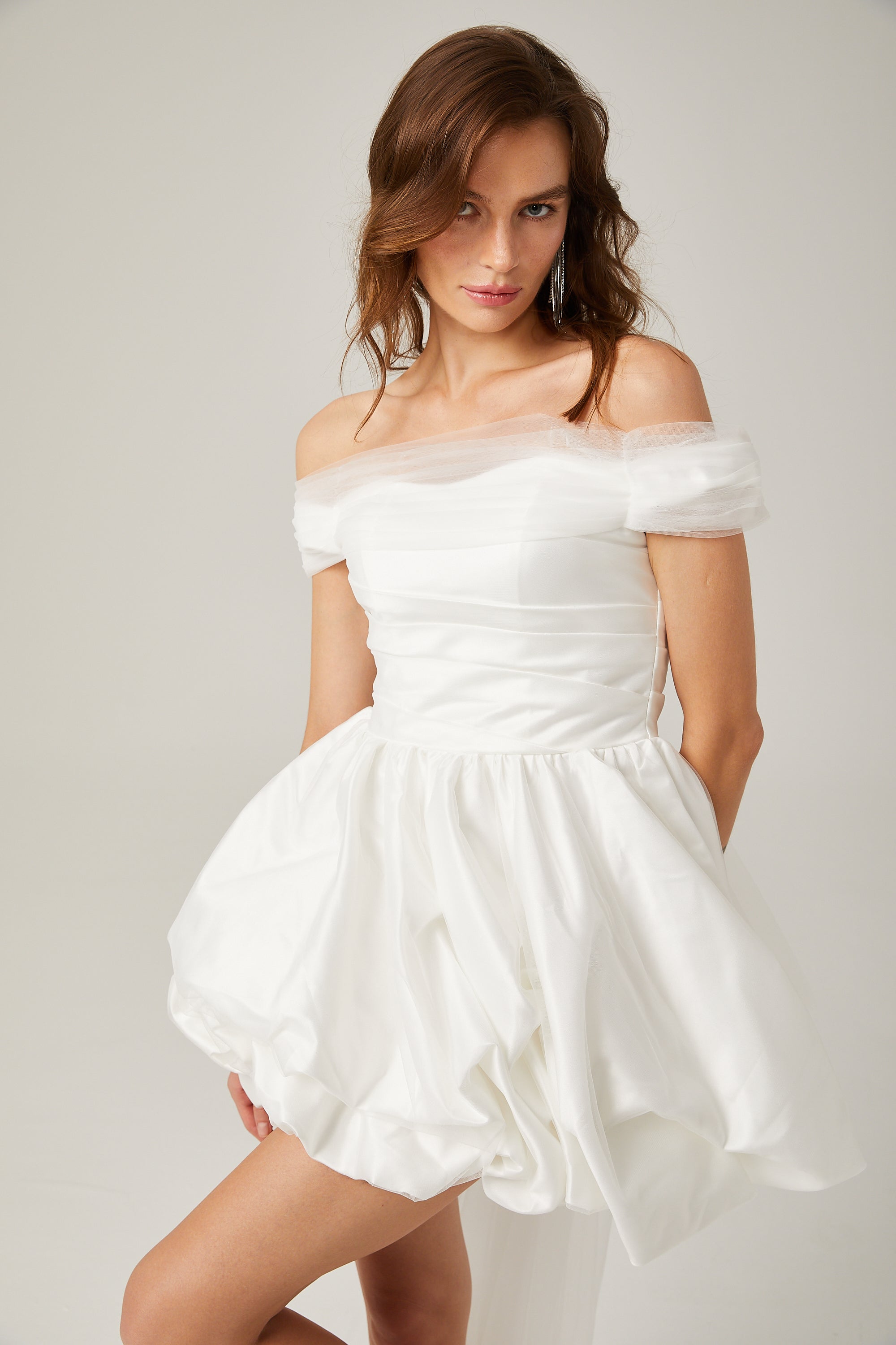 Aurore off-shoulder satin-chiffon mini dress