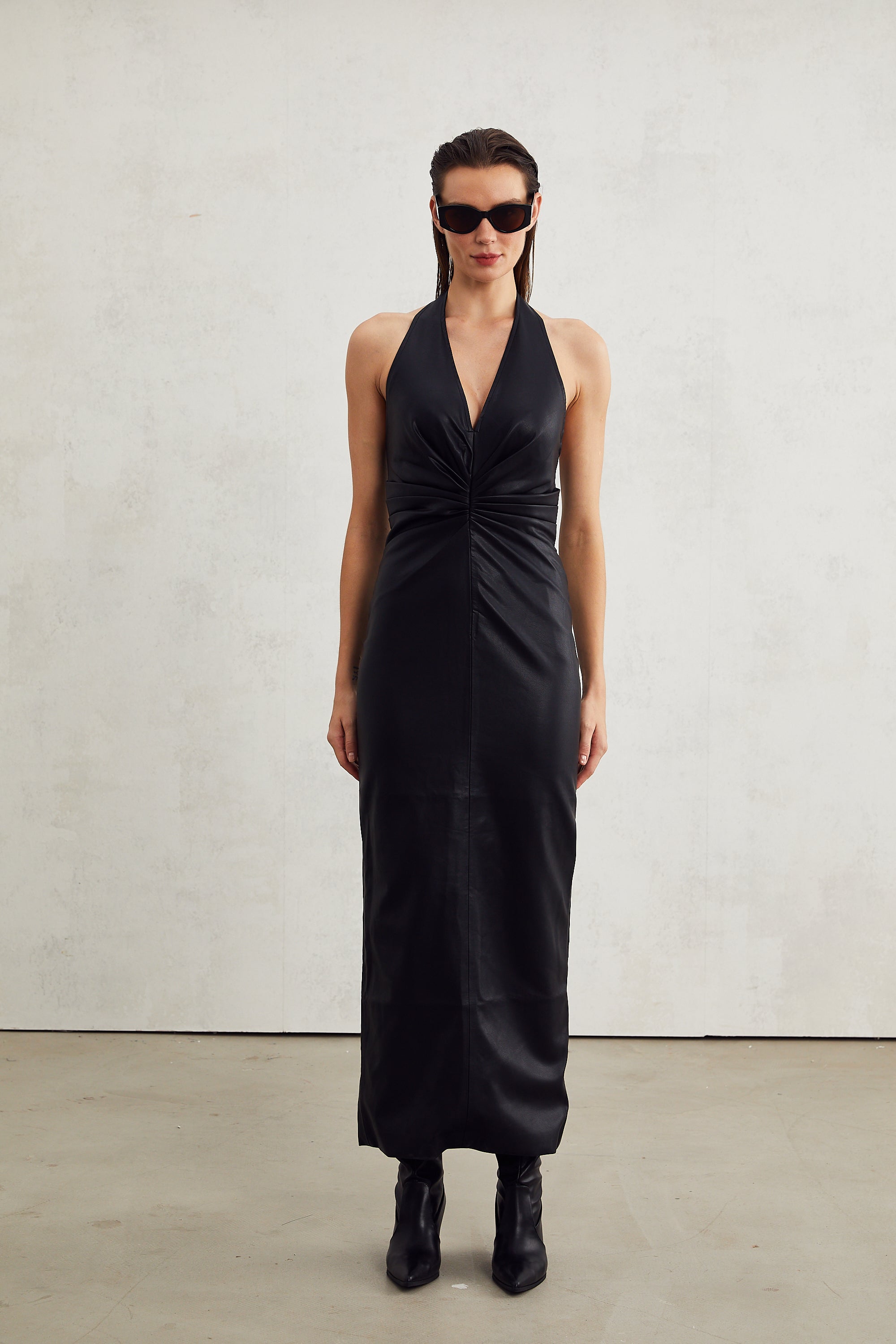 Lucienne black leather halterneck midi dress