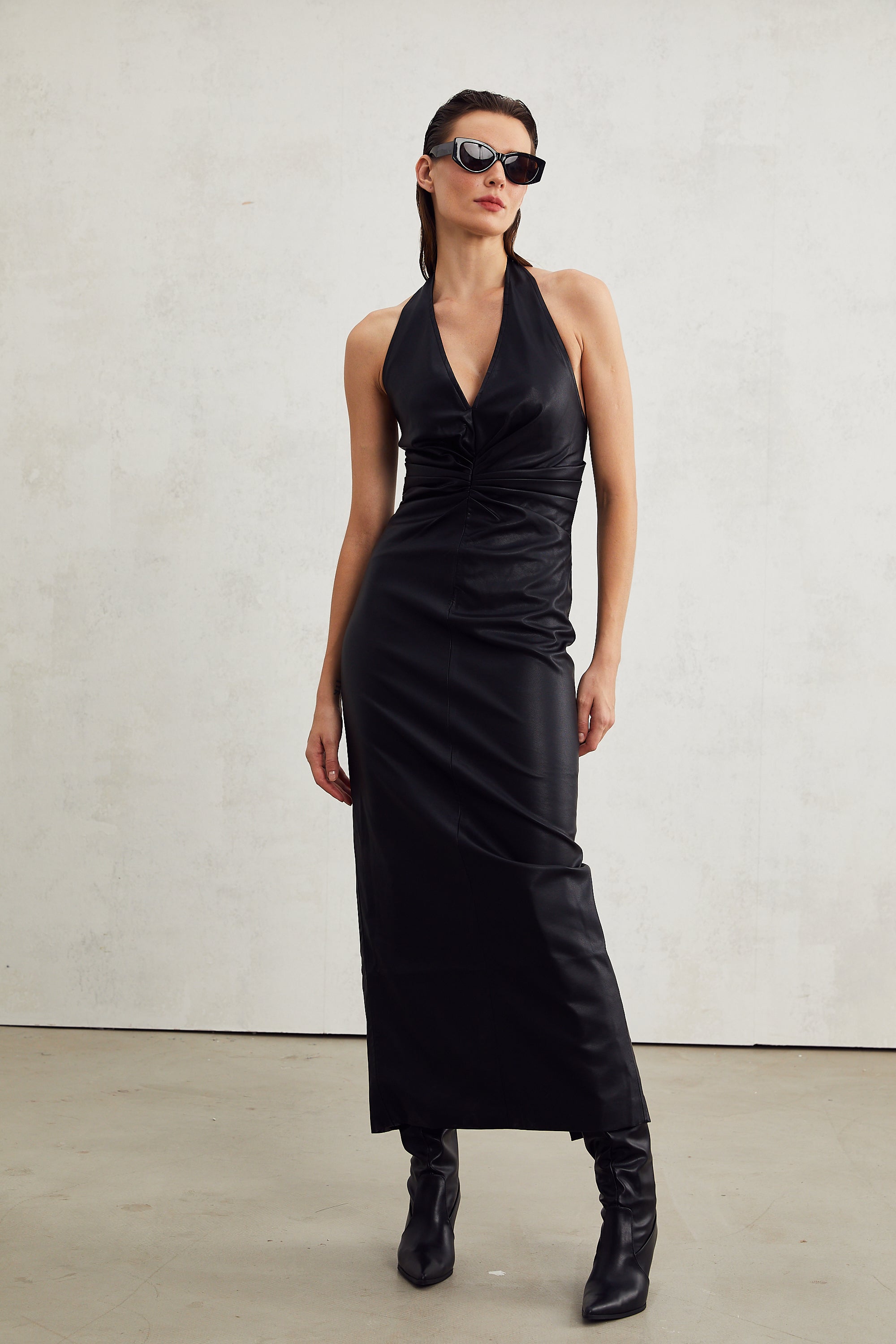 Lucienne black leather halterneck midi dress