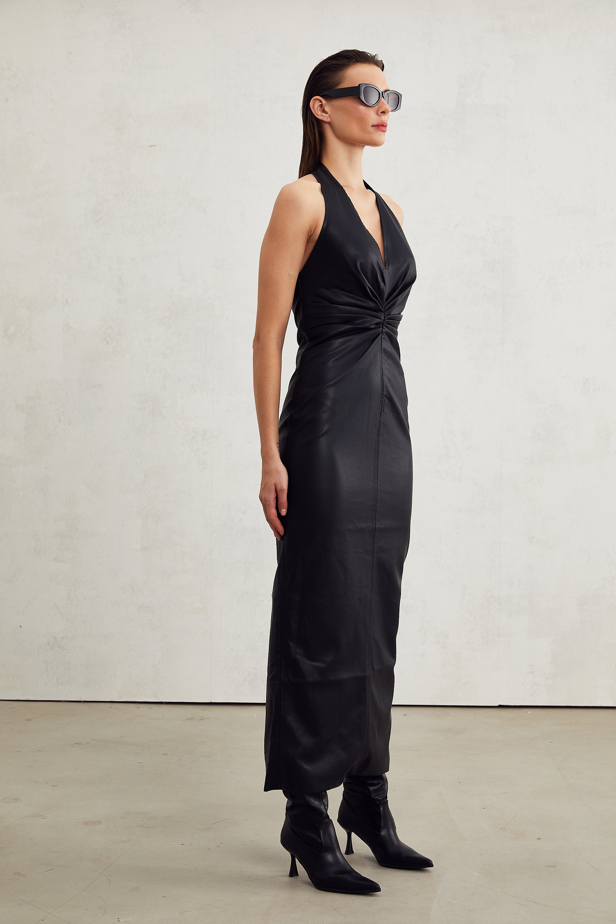 Lucienne black leather halterneck midi dress