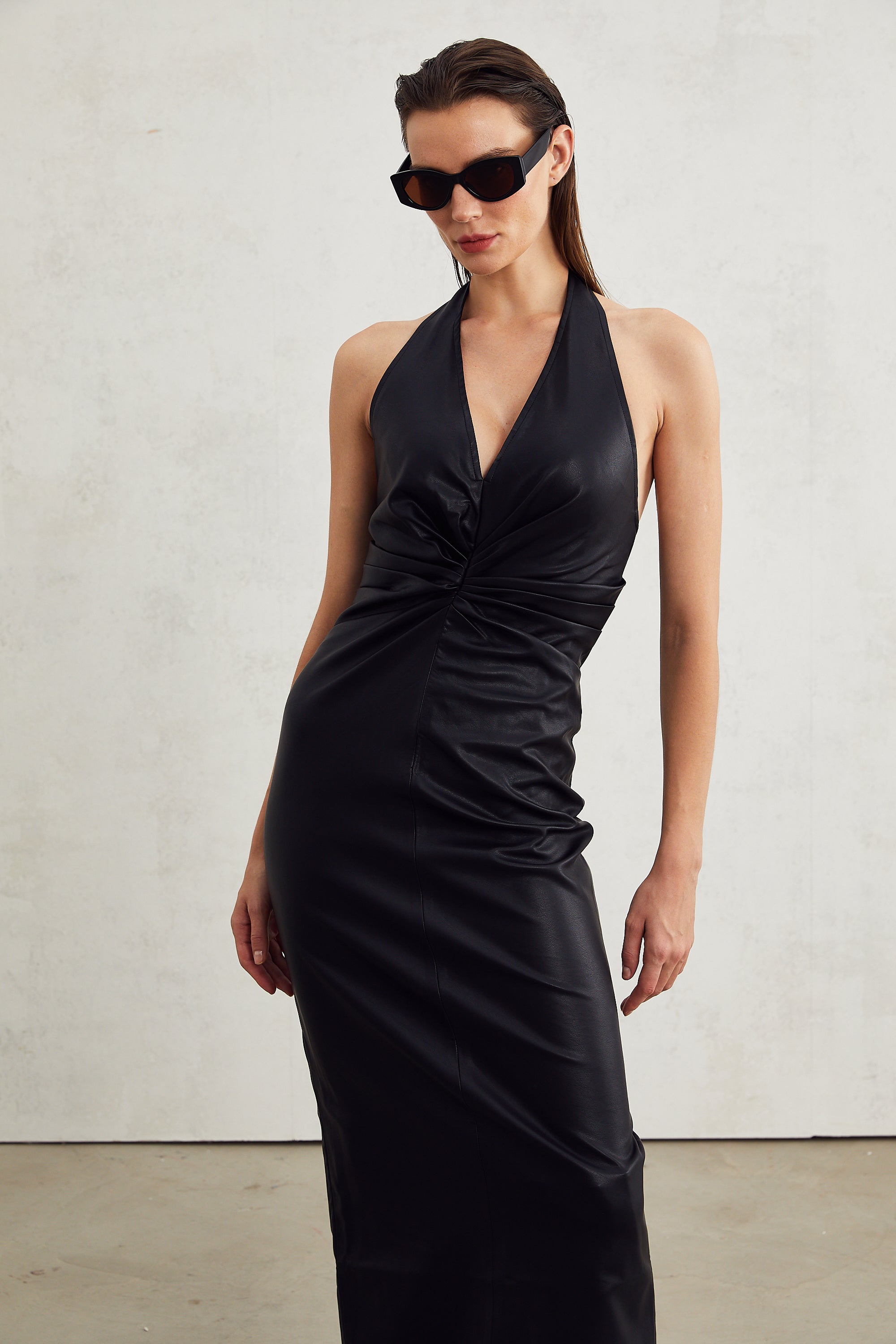 Lucienne black leather halterneck midi dress