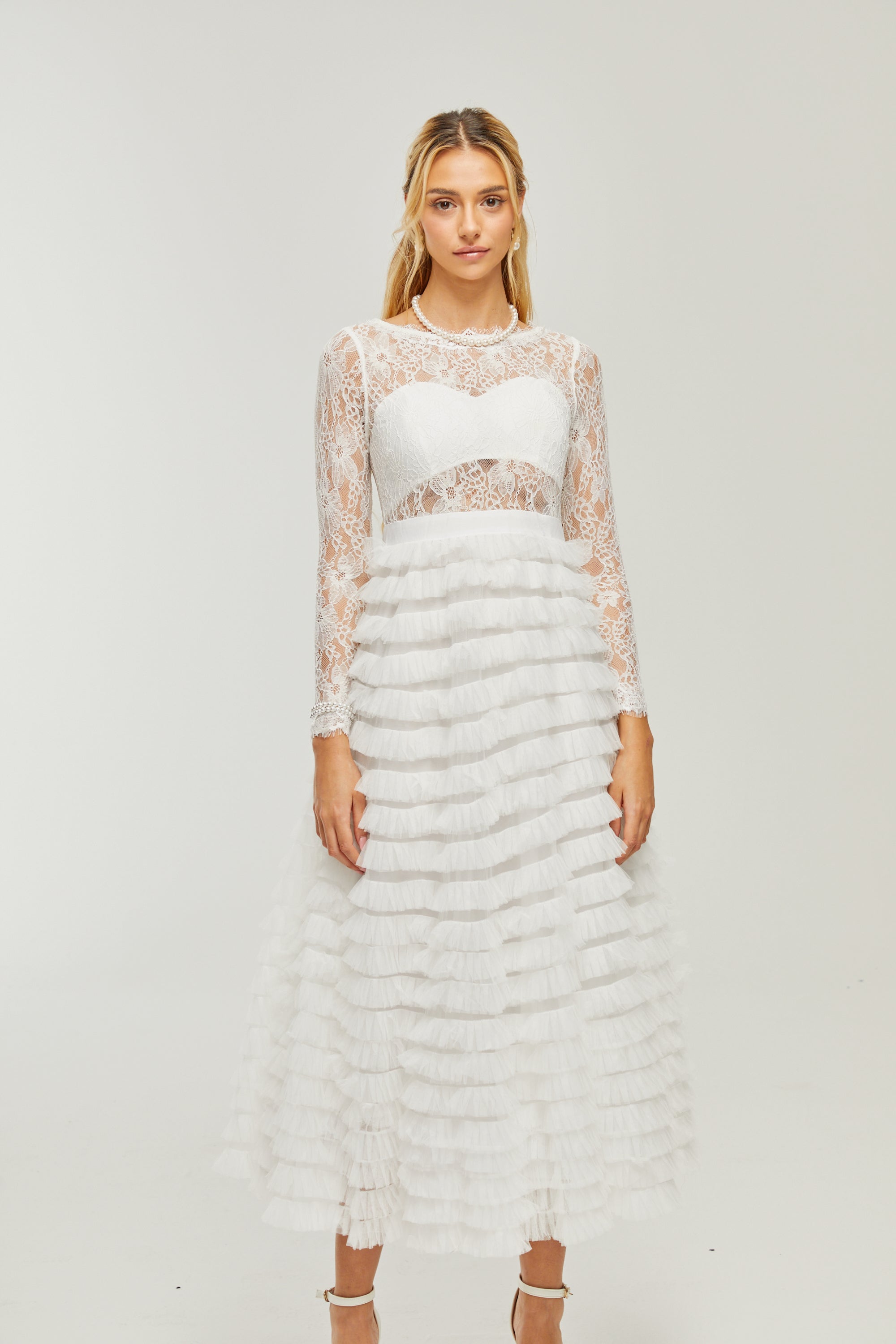 Philippine lace layered high-waisted midi dress