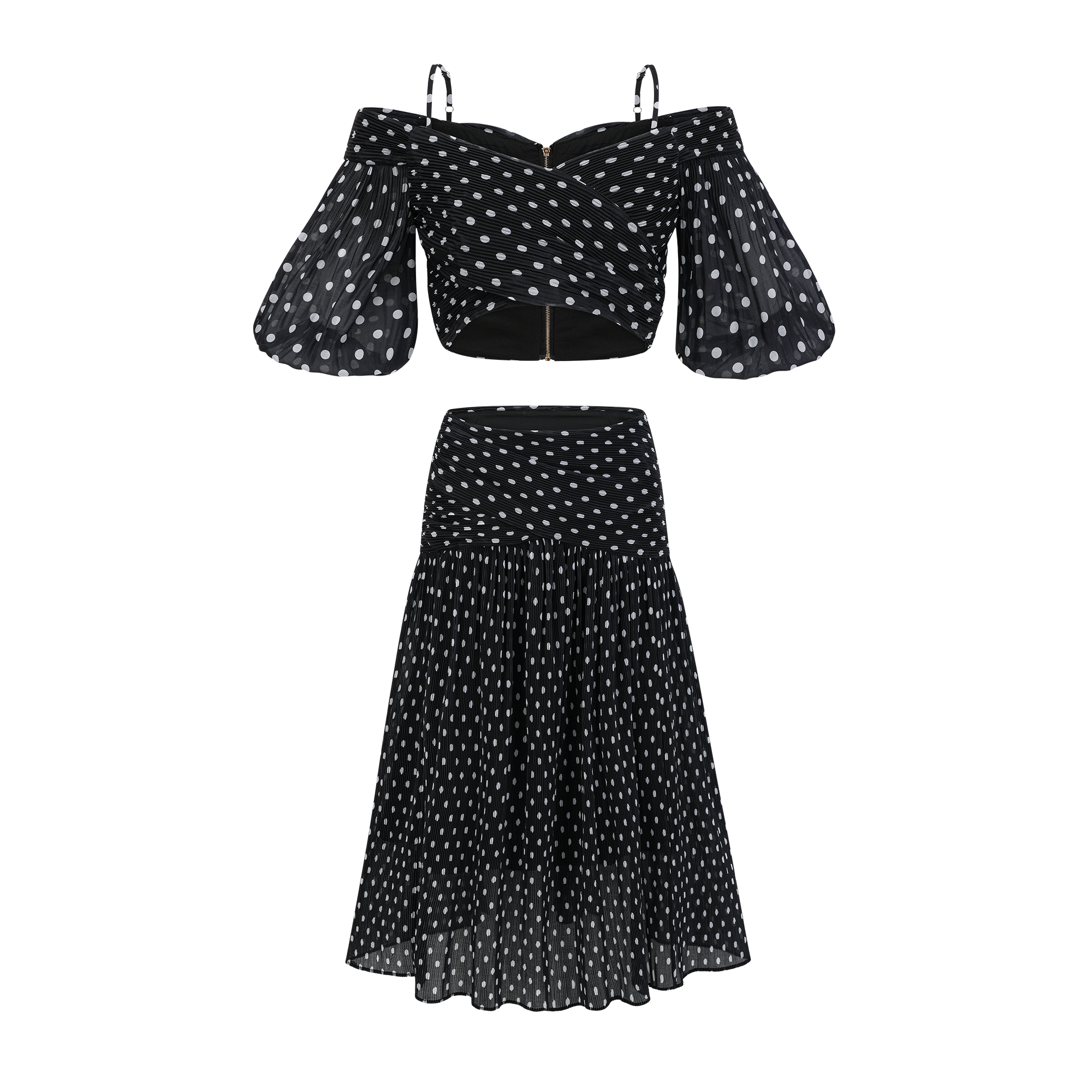 Ingrid polka-dot pleated top & skirt matching set