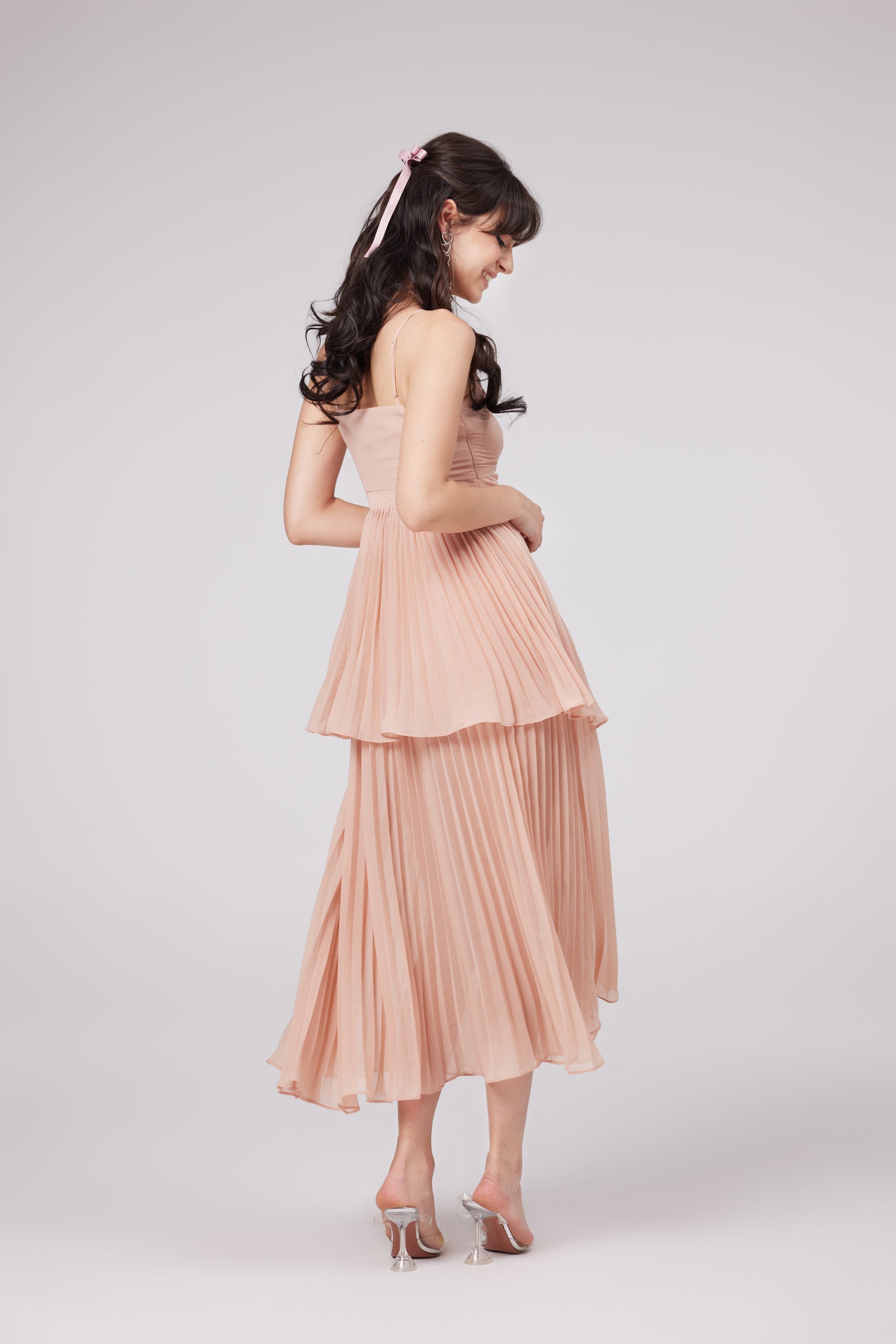 Olympe pink pleated tiered midi dress