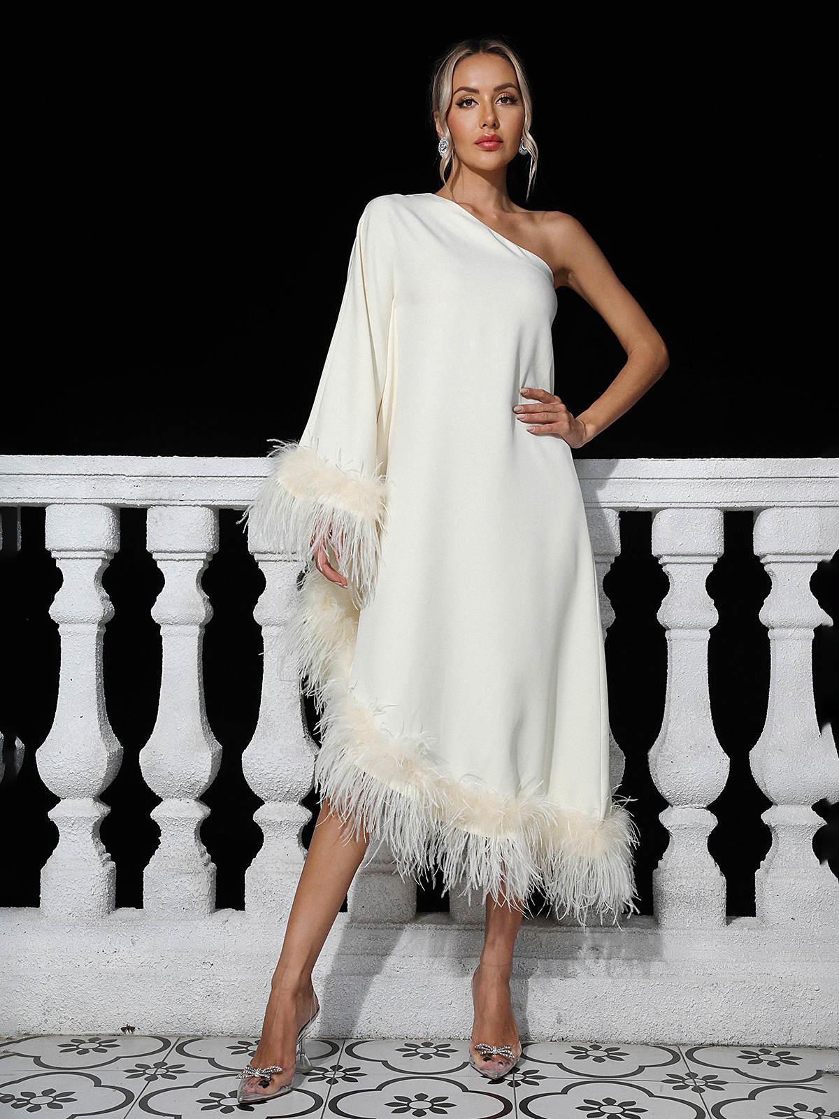 Ceridwen One Shoulder Feather Trimmed Midi Dress In White - Mew Mews